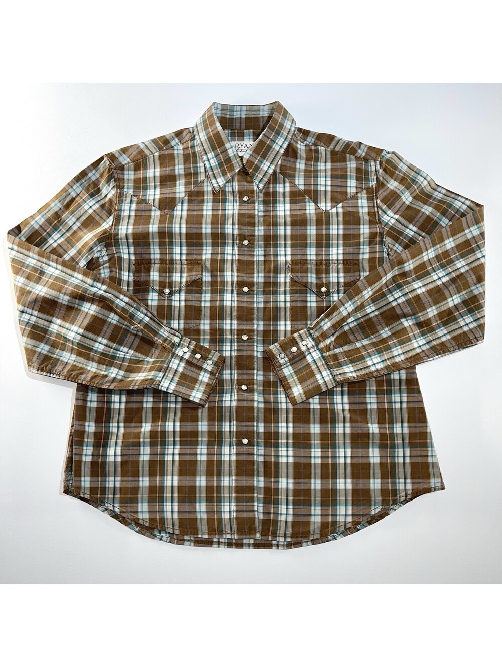Ryan Michael Men’s Western Shirt M Brown Plaid Pearl Snap Silk Cotton Cowboy